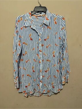 Soft Surroundings Sz XL Blue & White Stripe Koi Fish Button Up Shirt Top Soft